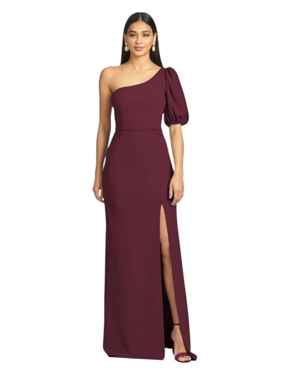 Sachin and Babi One-Shoulder Burgundy Evening Gown with Puff Sleeve